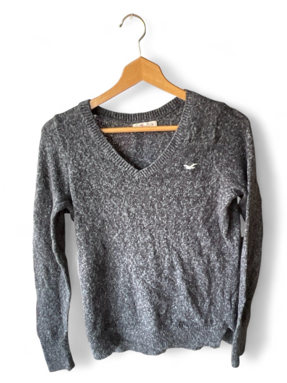 Hollister Co Women's Charcoal Marled Heather Gray V-Neck Sweater | MEDIUM Y2K